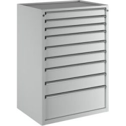 Schubladenschrank, BxT 910 x 675 mm, Schubladentraglast 100 kg, 9 Schubladen, Höhe 1280 mm, Front lichtgrau ANKE
