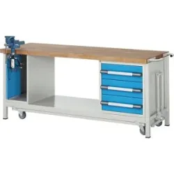 Fahr- und absenkbare Werkbank, Gestellbauweise Serie 8000, 3 Schubladen, Klapplift-Schraubstock, BxT 2000 x 700 mm eurokraft pro