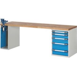 Werkbank, Baukastensystem Serie 7000, 5 Schubladen, 1 Schraubstock (Klapp-Lift) linksseitig, BxT 2500 x 700 mm eurokraft pro