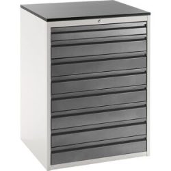 Schubladenschrank mit Teleskopführungen, Höhe 1030 mm, Schubladen 1 x 90, 7 x 120 mm, lichtgrau / anthrazit, Breite 770 mm RAU