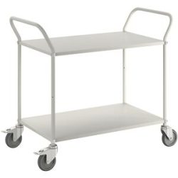 Leichter Etagenwagen Höhe 940 mm, mit 2 Metallböden, weiß, 2 Lenkrollen mit Stopp Kongamek