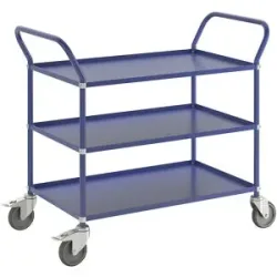 Leichter Etagenwagen Höhe 940 mm, mit 3 Metallböden, blau, 2 Lenkrollen mit Stopp Kongamek