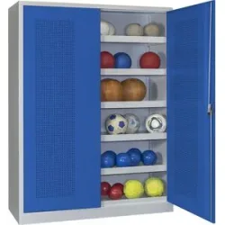 Ball-Flügeltürschrank, Höhe 1950 mm, mit Lochblech-Türen, Breite 1500 mm, grau / blau Pavoy