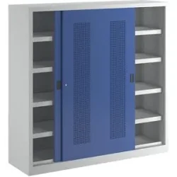 Ball-Schiebetürenschrank, Höhe 1950 mm, mit Lochblech-Türen, Breite 2000 mm, grau / blau Pavoy