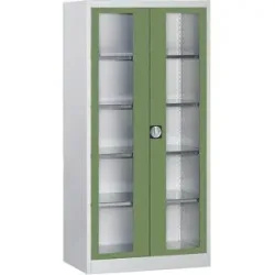 Sichtfenster-Flügeltürschrank, mit 4 Fachböden, HxB 1950 x 950 mm, Tiefe 420 mm, lichtgrau/resedagrün mauser