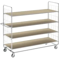 ESD-Etagenwagen, lange Ausführungen, 4 Lenkrollen, 4 Ladeflächen, LxBxH 1395 x 470 x 1120 mm, 2 mit Stopp, ab 2 Stk Kongamek