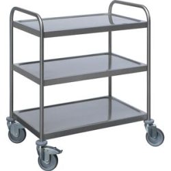 kaiserkraft Edelstahl-Servierwagen, 3 Etagen, verzinkte Rolle, Reifen aus Gummi, LxBxH 700 x 470 x 970 mm