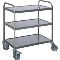 kaiserkraft Edelstahl-Servierwagen, 3 Etagen, verzinkte Rolle, Reifen aus Gummi, LxBxH 870 x 570 x 970 mm