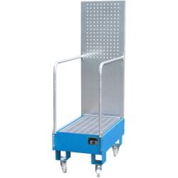 Fahrbare Auffangwanne mit Lochplattenwand, 2 x 60-l-Fass stehend hintereinander, LxBxH 875 x 500 x 1685 mm, lichtblau eurokraft pro