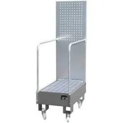Fahrbare Auffangwanne mit Lochplattenwand, 2 x 60-l-Fass stehend hintereinander, LxBxH 875 x 500 x 1685 mm, mausgrau eurokraft pro