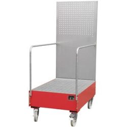 Fahrbare Auffangwanne mit Lochplattenwand, 2 x 200-l-Fass stehend hintereinander, LxBxH 1280 x 800 x 2015 mm, feuerrot eurokraft pro