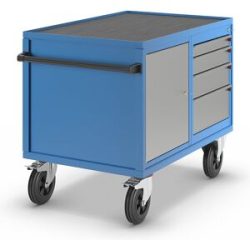 Montagewagen, Tragfähigkeit 500 kg, 1 Schrank, 4 Schubladen, weißaluminium RAL 9006 / lichtblau RAL 5012 eurokraft pro