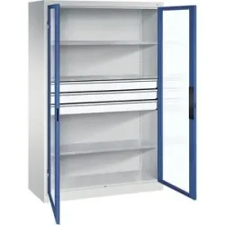 Sichtfenster-Flügeltürschrank, HxBxT 1950 x 1200 x 500 mm, 3 Fachböden, 3 Schubladen, lichtgrau / enzianblau C+P