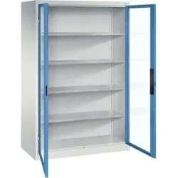 Sichtfenster-Flügeltürschrank, HxBxT 1950 x 1200 x 600 mm, 4 Fachböden, lichtgrau / lichtblau C+P