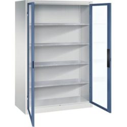 Sichtfenster-Flügeltürschrank, HxBxT 1950 x 1200 x 600 mm, 4 Fachböden, lichtgrau / fernblau C+P