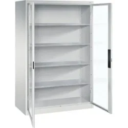 Sichtfenster-Flügeltürschrank, HxBxT 1950 x 1200 x 600 mm, 4 Fachböden, lichtgrau / lichtgrau C+P