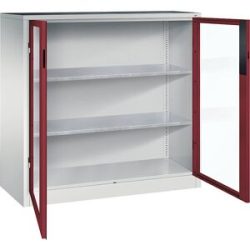 Sichtfenster-Flügeltürschrank, HxBxT 1200 x 1200 x 500 mm, 2 Fachböden, lichtgrau / rubinrot C+P