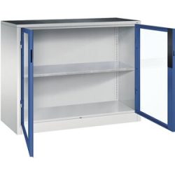 Sichtfenster-Flügeltürschrank, HxBxT 1000 x 1200 x 500 mm, 1 Fachboden, lichtgrau / enzianblau C+P