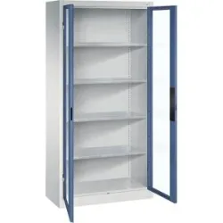 Sichtfenster-Flügeltürschrank, HxBxT 1950 x 930 x 400 mm, 4 Fachböden, lichtgrau / fernblau C+P