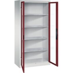 Sichtfenster-Flügeltürschrank, HxBxT 1950 x 930 x 500 mm, 4 Fachböden, lichtgrau / rubinrot C+P