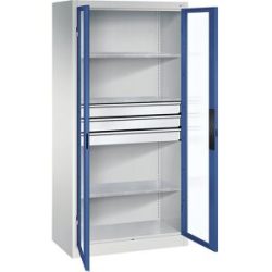 Sichtfenster-Flügeltürschrank, HxBxT 1950 x 930 x 500 mm, 3 Fachböden, 3 Schubladen, lichtgrau / enzianblau C+P