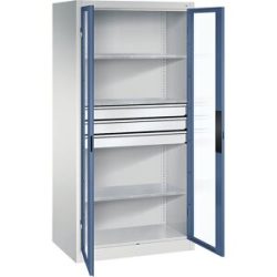Sichtfenster-Flügeltürschrank, HxBxT 1950 x 930 x 600 mm, 3 Fachböden, 3 Schubladen, lichtgrau / fernblau C+P