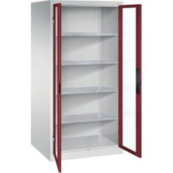 Sichtfenster-Flügeltürschrank, HxBxT 1950 x 930 x 800 mm, 4 Fachböden, lichtgrau / rubinrot C+P