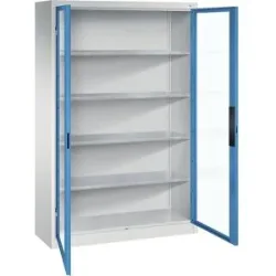 Sichtfenster-Flügeltürschrank, HxBxT 1950 x 1200 x 400 mm, 4 Fachböden, lichtgrau / lichtblau C+P