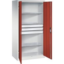 Werkstatt-Flügeltürschrank mit Schubladen, BxT 930 x 600 mm, 3 Fachböden, lichtgrau / rubinrot C+P