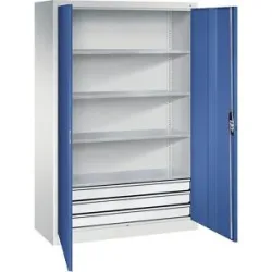 Werkstatt-Flügeltürschrank mit Schubladen, BxT 930 x 600 mm, 4 Fachböden, lichtgrau / enzianblau C+P