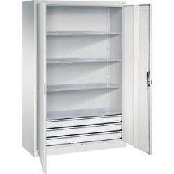 Werkstatt-Flügeltürschrank mit Schubladen, BxT 1200 x 600 mm, 4 Fachböden, lichtgrau / lichtgrau C+P