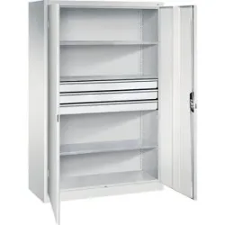 Werkstatt-Flügeltürschrank mit Schubladen, BxT 1200 x 500 mm, 3 Fachböden, lichtgrau / lichtgrau C+P