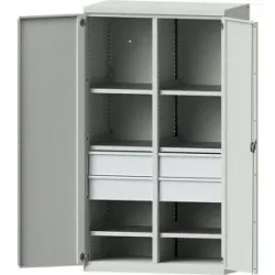 Schwerlastschrank aus Stahl, 6 Fachböden, 4 Schubladen 180 mm hoch, lichtgrau/lichtgrau eurokraft pro