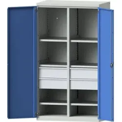 Schwerlastschrank aus Stahl, 6 Fachböden, 4 Schubladen 180 mm hoch, lichtgrau/lichtblau eurokraft pro