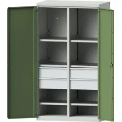 Schwerlastschrank aus Stahl, 6 Fachböden, 4 Schubladen 180 mm hoch, lichtgrau/resedagrün eurokraft pro