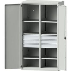 Schwerlastschrank aus Stahl, 6 Fachböden, 6 Schubladen 120 mm hoch, lichtgrau/lichtgrau eurokraft pro