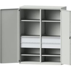 Schwerlastschrank JUMBO aus Stahlblech, 6 Fachböden, 4 Schubladen 180 mm hoch, lichtgrau/lichtgrau eurokraft pro