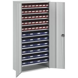 Magazinschrank, HxBxT 1970 x 1000 x 450 mm, mit Regalkästen, 40 Kästen rot, 24 Kästen blau STEMO