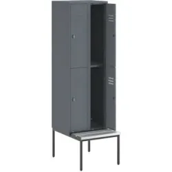 Doppelstock-Spind Berlin 2 Sitzbank, 2 Abteile, blaugrau, Breite 600 mm, 4 Fächer Wolf