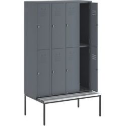 Doppelstock-Spind Berlin 2 Sitzbank, 4 Abteile, blaugrau, Breite 1200 mm, 8 Fächer Wolf