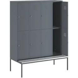 Doppelstock-Spind Berlin 2 Sitzbank, 4 Abteile, blaugrau, Breite 1600 mm, 8 Fächer Wolf