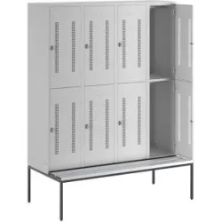 Doppelstock-Spind Berlin 1 Sitzbank, 4 Abteile, lichtgrau, Breite 1600 mm, 8 Fächer Wolf