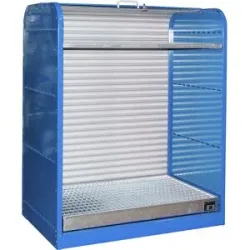 Stahl-Gefahrstoffdepot mit Rollladen, für 6 x 60-l-Fässer, 1 Gitterrostboden, blau eurokraft pro