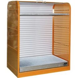 Stahl-Gefahrstoffdepot mit Rollladen, für 6 x 60-l-Fässer, 1 Gitterrostboden, orange eurokraft pro
