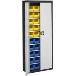 Magazinschrank mit Sichtlagerkästen, HxBxT 1740 x 680 x 280 mm, zweifarbig, Korpus schwarz, Türen grau, 40 Kästen mauser