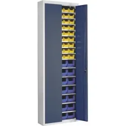 Magazinschrank mit Sichtlagerkästen, HxBxT 2150 x 680 x 280 mm, zweifarbig, Korpus grau, Türen blau, 82 Kästen mauser