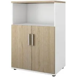 kaiserkraft Schrank Portland, BxT 800 x 420 mm, H 1138 mm, Türhöhe 700 mm, weiß gebürstet / Eiche