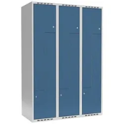 kaiserkraft Z-Spind Fydor, 3 Abteile, lichtgrau / brillantblau, B 1200 mm, 3 Abteile, flache Dachform, Zylinderschloss
