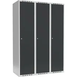 kaiserkraft Spind Fydor, 3 Abteile, lichtgrau / anthrazit, B 1200 mm, flache Dachform, Zylinderschloss