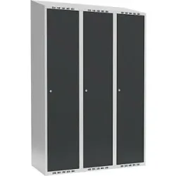 kaiserkraft Spind Fydor, 3 Abteile, lichtgrau / anthrazit, B 1200 mm, schräge Dachform, Zylinderschloss